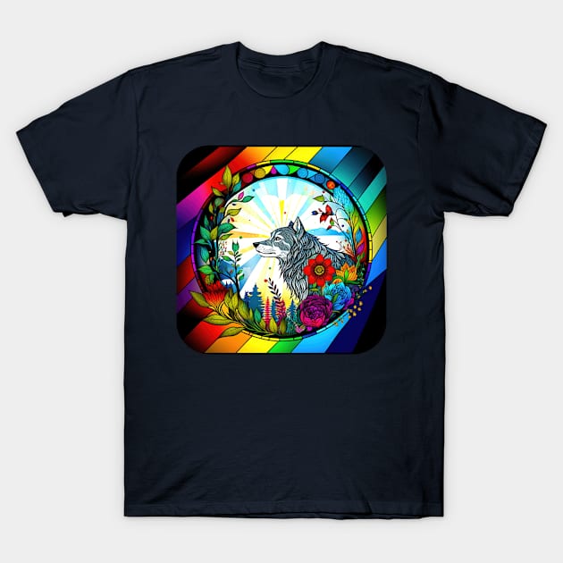 Colorful Wolf With Flowers T-Shirt by BellaDatura